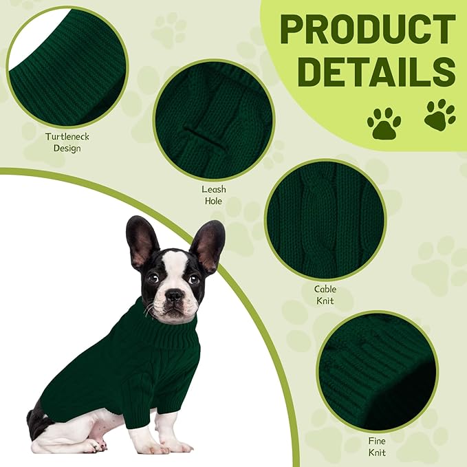 Small Dog Thermal Pullover Sweater, Classic Turtleneck Cable Knitwear Dog Clothes for Cold Weather Warm Pet Clothes for Chihuahua, Bulldog, Dachshund, Pug Green Small