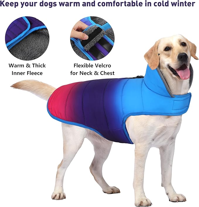 Dog Winter Coat, Waterproof Dog Jacket with Leash Hole, Reflective Adjustable Pet Snow Vest, Warm Fleece Sweater for Small Medium Large Dogs - Gradient Blue, 2XL