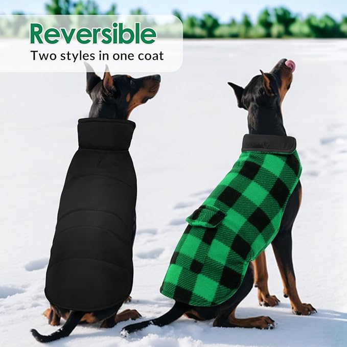 ASENKU Dog Winter Coat, Fleece Doggie Jacket Plaid Reversible Vest Waterproof Windproof Cold Weather Clothes for Small Medium Large Dogs (Green,3XL)
