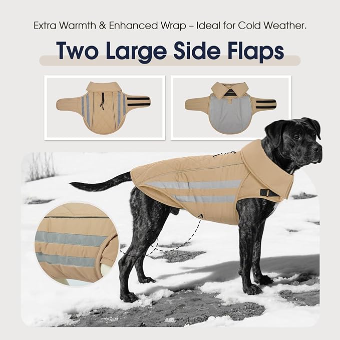 IECOii Dog Cold Weather Coats - Waterproof Winter Snow Jacket with Cozy Fleece Lining, Adjustable & Reflective Coat for Pitbull Cold Weather, Mashine Washable, Khaki, Sizes XL