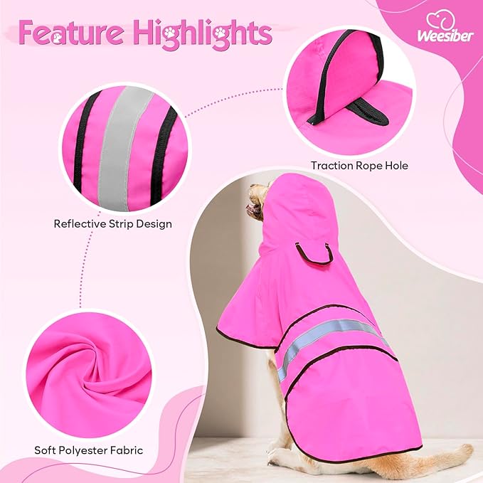 Weesiber Dog Raincoat, Waterproof Dog Rain Jacket with Leash Hole, Lightweight Reflective Pet Rain Coat for Walking (XL, Pink)