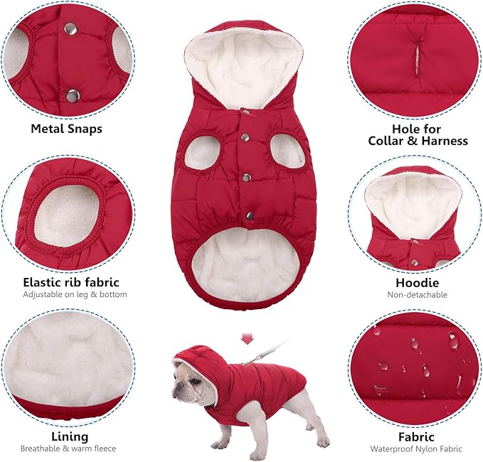 Fleece Hoodie, Windproof Waterproof Coat, Winter Warm Jacket for Dogs - Cold Weather Pet Apparel Clothes Vest for Small Medium Large (2XL, Red)