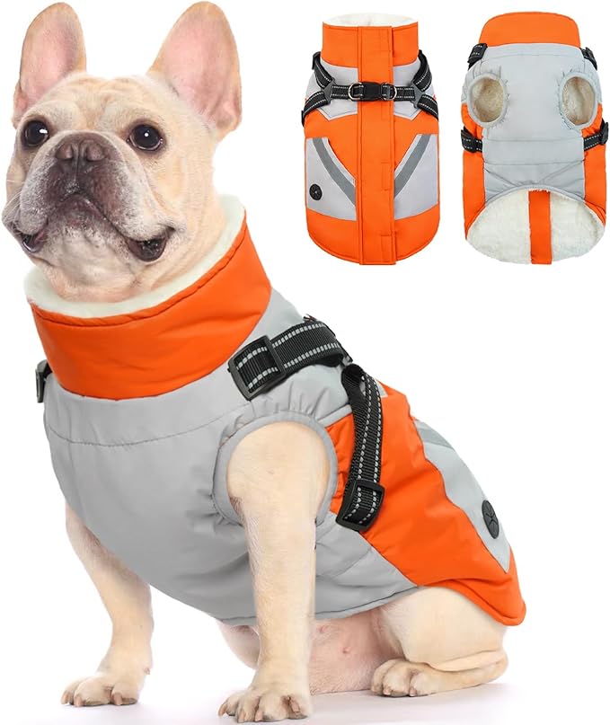 FUAMEY Dog Winter Jackets for Medium Dogs,Dog Coat with Harness Built in,Waterproof Dogs Snowsuits Warm Pet Jacket Zip Up Fleece Cold Weather Coats Reflective Puppy Vest with Pocket Orange M