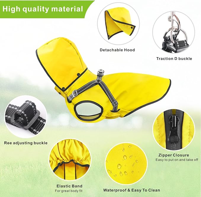 Mosucoirl Dog Raincoat Waterproof Doggie Hoodie Reflective Dog Raincoat Hooded Adjustable Rain Jacket for Small Medium Large Dogs Puppies Doggie Black Red Yellow Green (Yellow, S)