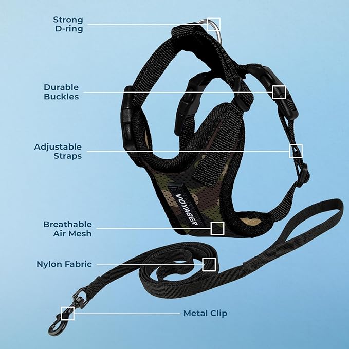 Voyager Step-in Lock Adjustable Cat Harness w. Cat Leash Combo Set with Neoprene Handle 5ft - Supports Small, Medium and Large Breed Cats by Best Pet Supplies - Army/Black Trim, XS