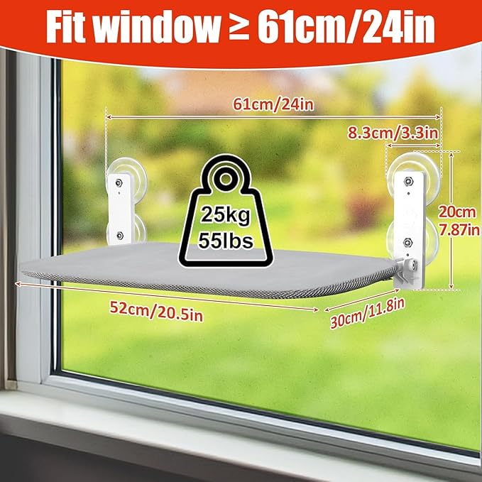 Sunhoo 2PCS Cat Window Hammock Perch Cordless Window Sill Seat Bed Foldable Kitty Lounger Indoor Cats Shelf Stable Upgraded Suction Cup Easy Assembly 20.5 * 11.8in Hold Up to 55lbs (Grey, M)
