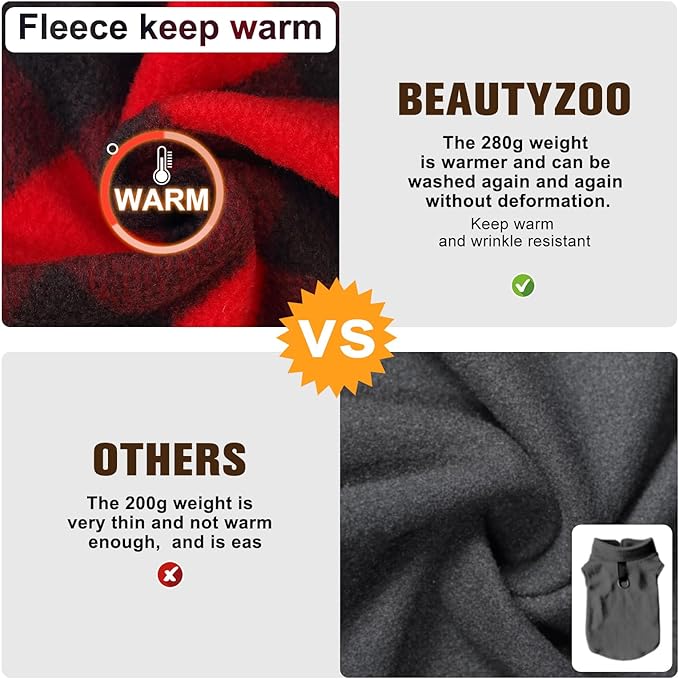 BEAUTYZOO Small Dog Sweater Fleece Vest Winter Jacket, D-Ring Leash Attachment for XS S Puppy Medium Sized Breeds Dogs, Cold Weather Dog Clothes Windproof Keep Warm, Christmas Red Plaid XS