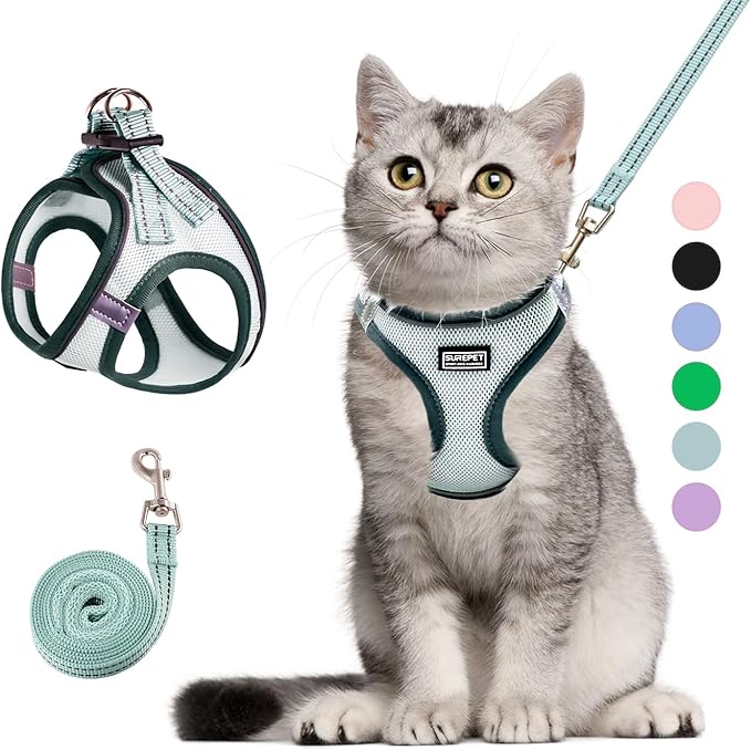 Cat Harness and Leash Set, Soft and Breathable Vest with Reflective Strip, Escape Proof Kitten Harness, Easy to Wear for Cats Walking and Traveling (Light Green, XS)