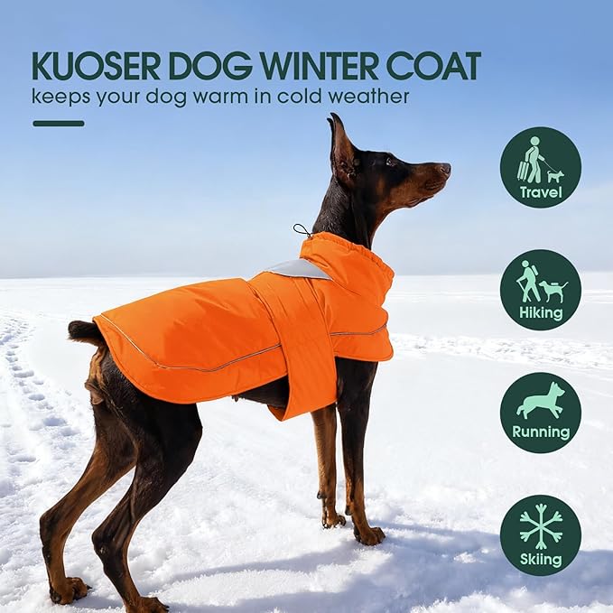 Kuoser Dog Jacket, Dog Coats for Large Dogs, Winter Waterproof Big Doggie Vest, Reflective Dogs Cold Weather Coat, Windproof Turtleneck Pet Puffer Jacket Snowsuit Clothes with Harness Hole