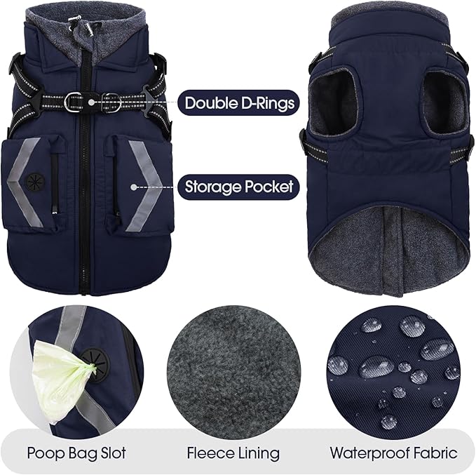 FUAMEY Dog Winter Coat Reflective Strips, Cozy Dogs Jacket with Harness Back Zipper, Fleece Lined Puppy Vest Thermal Clothes, Dog Cover for Cold Weather Snow Outfits, French Bulldogs (Dark Blue, M)