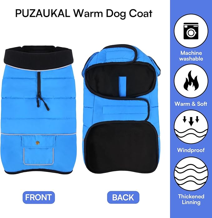 Dog Coat, Small Medium Dog Jacket, Windproof Dogs Puffer Jacket, Fleece Lined Warm Dogs Winter Coat with Harness Hole (Blue L)