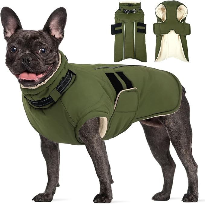 Dog Coats for Medium Dogs, Waterproof Winter Coat with Harness Bulit in, Reflective Reflective Adjustable Hook&Loop Dog Snowsuit for Cold Weather Warm Snow Jacket, M Green