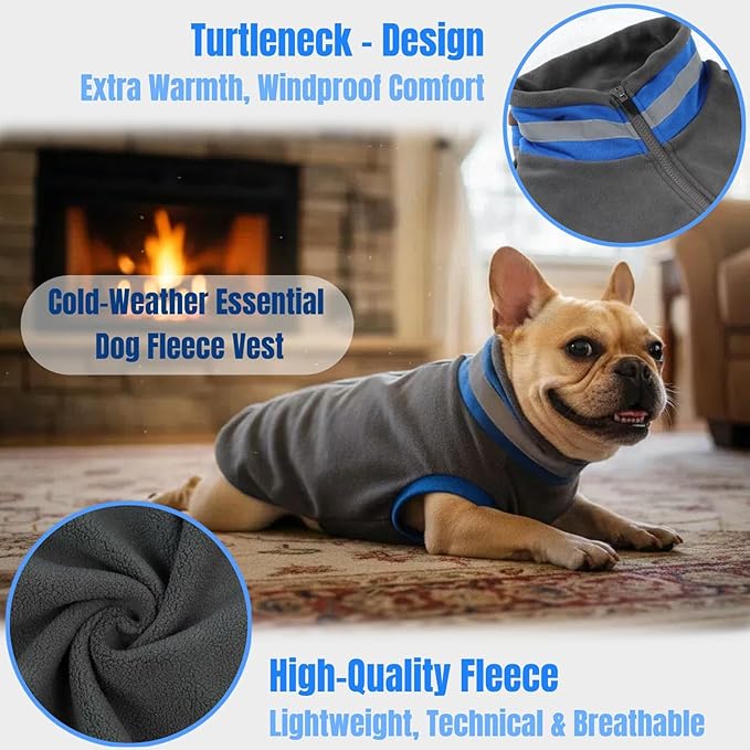 Winter Classic Windproof Turtleneck Fleece Vest Dog Sweater, Warm & Soft Puppy Coat for Small Dogs with Back-Zipper, Active-Cut Doggie Vests Sweatshirt, Lightweight Pet Clothes for Dachshund(Gray, S)