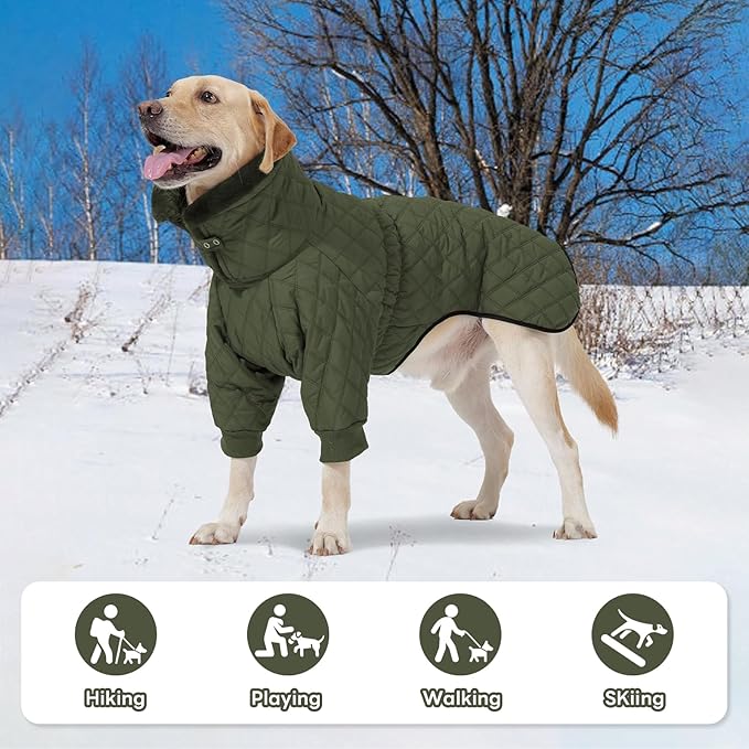 IDOMIK Dog Winter Coat for Large Dogs, Warm Dog Winter Jacket with Fleece High Collar, Zippered Cold Weather Coats for Dogs, Waterproof Doggy Snow Jacket Clothes,Green,L