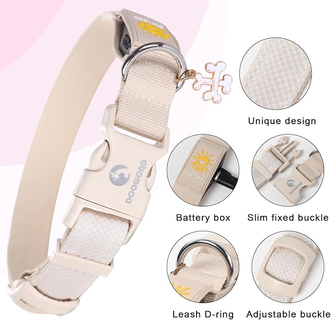 DOGWONG LED Dog Collar - Heavy Duty Light up Collars - Rechargeable Waterproof - Lighted Dog Collar for Night Walking, Hiking, Camping(White,M)