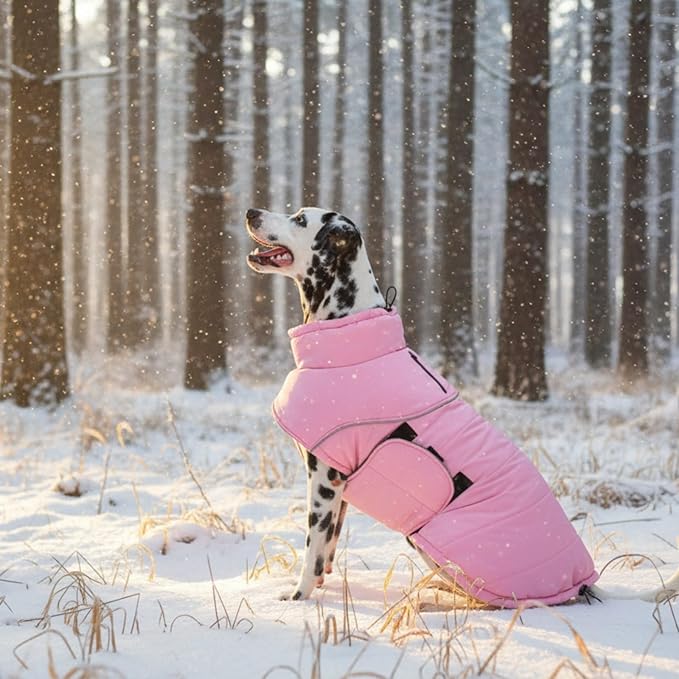 ASENKU Extra Warm Dog Coat - Winter Jacket with Fleece, Reflective, Adjustable, Zippered Leash Hole for Large Dogs, Turtleneck (Pink, 4XL)