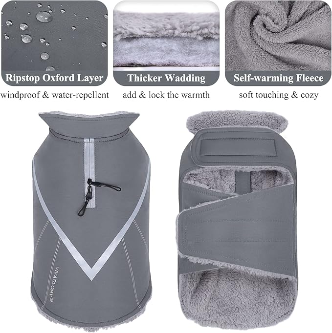 VIVAGLORY Snowrap Dog Coat, Jacket with Harness Hole & Velcro Closure, Dog Coat for Winter & Cold Weather, Fluffy Warm Fleece Lined Reflective Water Resistant for Puppy, XXS, Grey