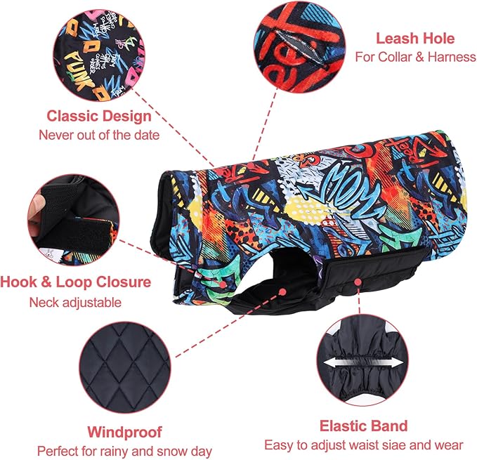 CuteBone Winter Dog Coat - Waterproof Windproof Reversible Vest, Thick Adjustable Cold Weather Jacket for Small Medium Large Dogs, Soft With Leash Hole GMF32S