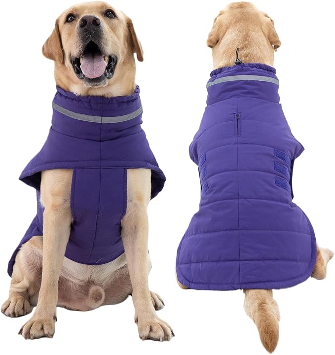 Dog Coat, Waterproof Winter Jacket, Warm Windproof Vest, Reflective Adjustable Turtleneck Coats for Large Dogs with Hook & Loop - Purple - XL