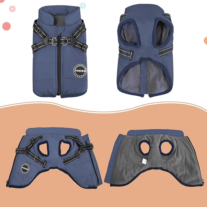 Dog Winter Coat,Warm Jacket Paded Fleece Pet Vest with Built in Harness, Windproof Reflective Cozy Adjustable Snow Pet Coat Clothes with Zipper for Small Medium Large Dogs