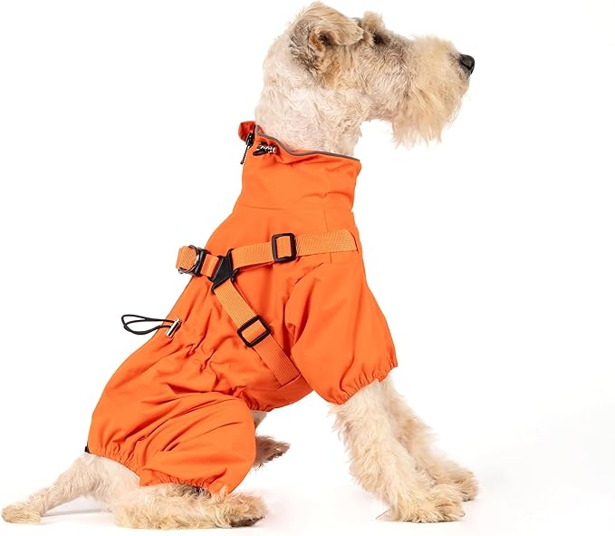 Mile High Life Waterproof Dog Raincoat, Full Coverage Small Dog Rain Coat with Harness, Adjustable 4 Legs Puppy Rain Jacket with Reflective Strip and Elastic Cuffs (Orange, XS Back Length 11.4")