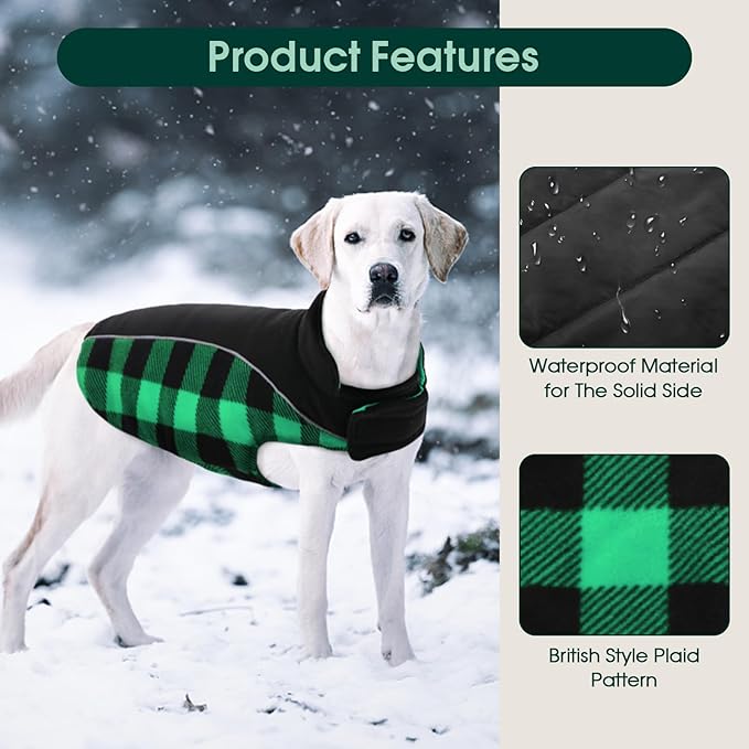 Kuoser Dog Winter Coat, Reversible Waterproof Dog Jacket with Reflective Strip, Warm Dogs Fleece Vest Adjustable Doggy Cold Weather Clothes Plaid Christmas Outfit Pet Apparel for Medium Dogs, Green M