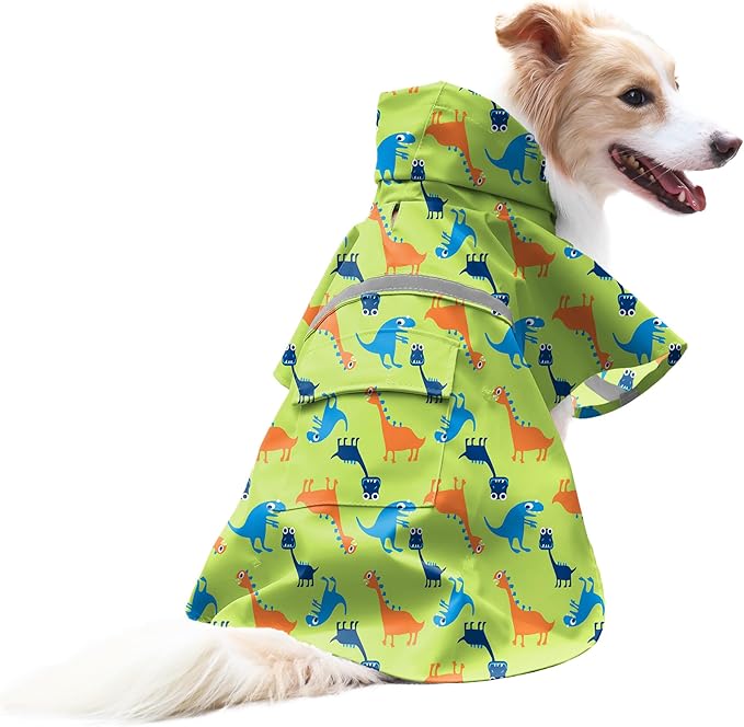NACOCO Large Dog Raincoat Adjustable - Pet Dinosaurs Water Proof Clothes Lightweight Rain Jacket Poncho Hoodies with Strip Reflective Green (XXL, Green Dinosaur)