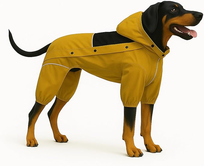 LOVELONGLONG Waterproof Dog Raincoat with Removable Hood – Outdoor Full Body Dog Jacket, Windproof Snowproof Shell Suit – All Season Pet Rain Gear Mustard Yellow M