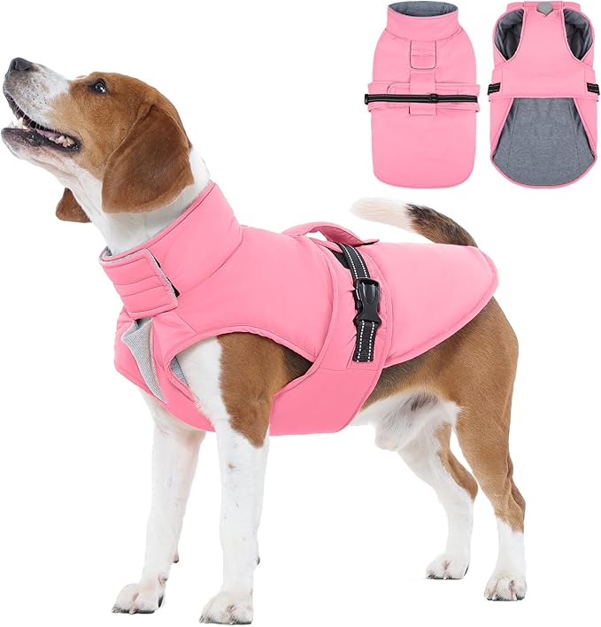 IECOii Dog Coats for Winter - Reflective & Adjustable & Windproof Vest, Quick Release Buckle & Warm Fleece Lined, Waterproof Snow Jacket for Pitbull Walking, Camping, Hiking, Skiing, Pink, Size XL