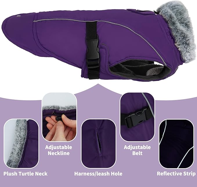 DENTRUN Extra Large Warm Dog Jacket - Windproof Water Repellent Reflective Coat, Adjustable Plush Turtleneck, Easy Wear Fleece Lined Cold Weather Vest for Great Dane, Purple, XXXL