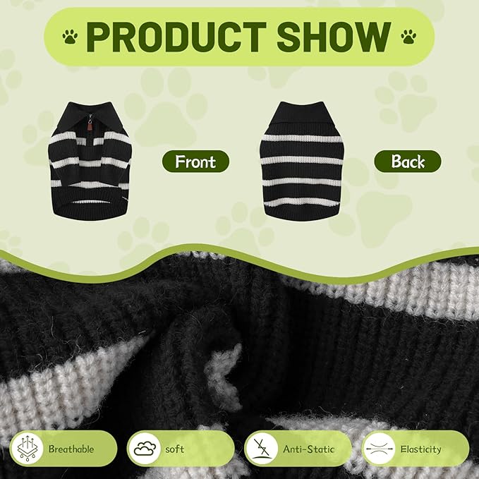 Small Dog Sweater with Zipper, Knitted Striped Pullover Dog Clothes for Cold Weather, Thick Warm Cozy Stretchy Sweater for Chihuahua, Bulldog, Dachshund, Pug(Black & White Strip, XXL)