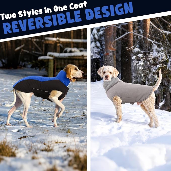 Warm Dog Coat,Waterproof Jacket in Winter Adjustable and Reversible Doggy Fleece Outfit,Thick Clothes with Foldable Collar for Puppy in Cold Days,XS RoyalBlue