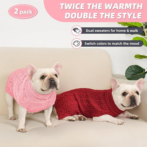2 Pack Dog Sweaters for Medium Dogs Turtleneck Pullover Cable Knit Stretch Clothes French Bulldog Dachshund Boston Terrier Corgi Beagle Pug Boy Girl Pets Winter Clothes (L, Pink & Red)