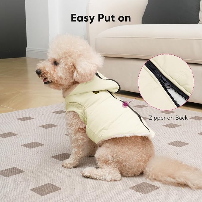 Fleece Lining Dog Hoodie with Harness Built in,Extra Warm Medium Dog Jacket in Winter Doggie Coats with Hooded,Light Yellow L