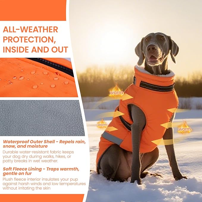 QBLEEV Dog Coat for Medium Dogs, Waterproof Dog Winter Coat with Built-in Harness and D-Ring, Zip Up Pet Cold Weather Coats with Fleece Lined, Warm Snowsuit Gear Vest for Pug Boston Terrier, Orange, M
