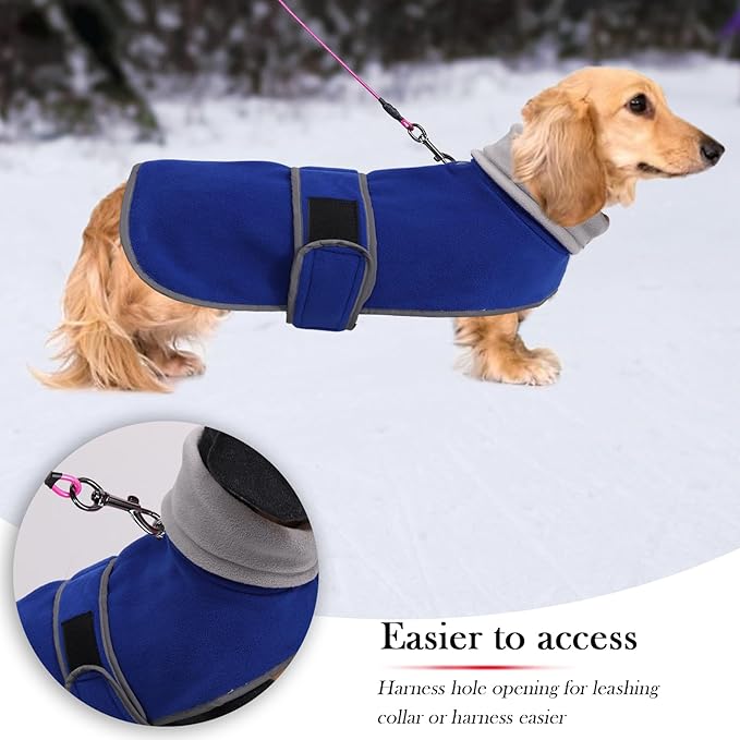 Geyecete Dachshund Sweaters - Dachshund Dog Jacket, Winter Coat with Padded Fleece Lining and High Collar, Snowsuit with Adjustable Bands - Blue - S