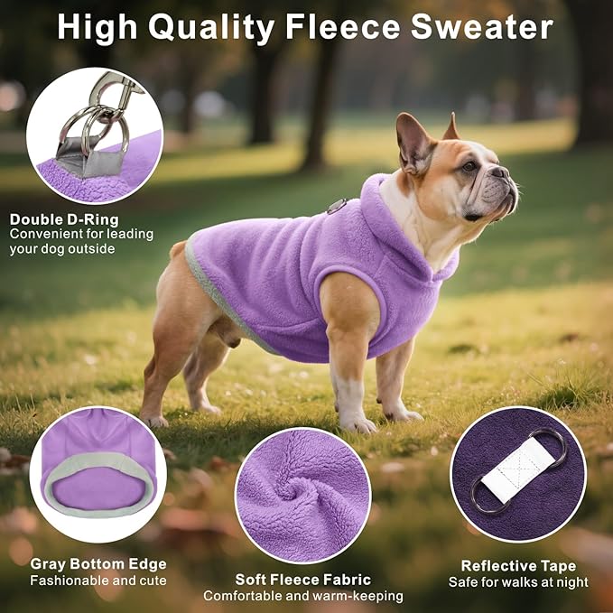 Idepet 2 Pack Dog Fleece Vest Sweater Warm Pullover Jacket with D-Ring Leash Reflective Winter Coat Hoodie for French Bulldog Pug Chihuahuas Yorkies Dachshunds(Purple&Pink,X-Large-French Bulldog)