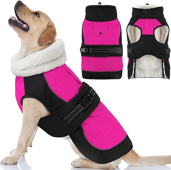 Dogcheer Waterproof Dog Coat, Christmas Dog Winter Jacket, Adjustable Puppy Fleece Coat for Cold Weather, Reflective Turtleneck Snow Jacket for Small Medium Large Dogs - Pink, XL