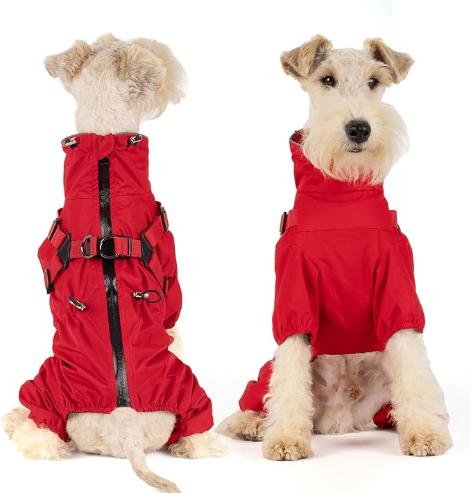 Mile High Life Waterproof Dog Raincoat, Full Coverage Small Dog Rain Coat with Harness, Adjustable 4 Legs Puppy Rain Jacket with Reflective Strip and Elastic Cuffs (Red, M Back Length 14.6")