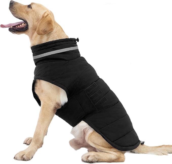 Dog Coat, Waterproof Winter Jacket, Warm Windproof Vest, Reflective Adjustable Turtleneck Coats for Medium and Large Dogs with Hook & Loop - Black - L