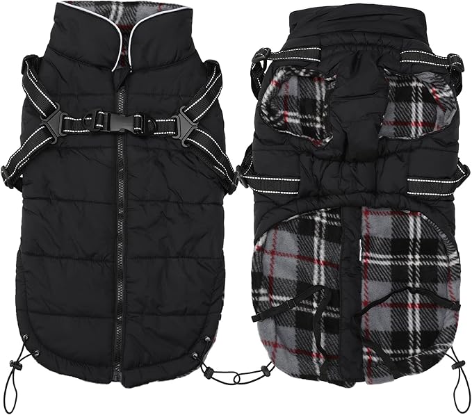Geyecete Winter Warm Coat Waterproof Dog Winter Jacket with Harness Traction Belt,Pet Outdoor Jacket Dog Autumn and Winter Clothes for Medium, Small Dog-Black-S