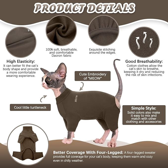 ROZKITCH Hairless Cat Sweaters, Breathable Soft Jumpers for Cats Only, Coat with Four Legs, Warm Sweater T-Shirt Pajamas Jumpsuit Vest Cornish Rex Devon Rex Peterbald Coffee L