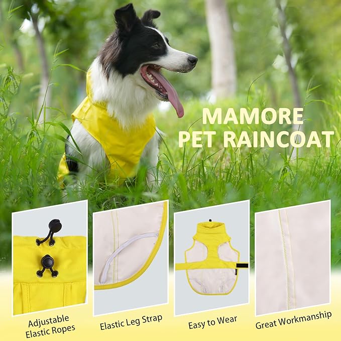 Waterproof Dog Raincoat, Adjustable Lightweight Dog Rain Jacket with Reflective Strip Leash Hole for Small Medium Large Dogs (Yellow, Large(22-37lb))