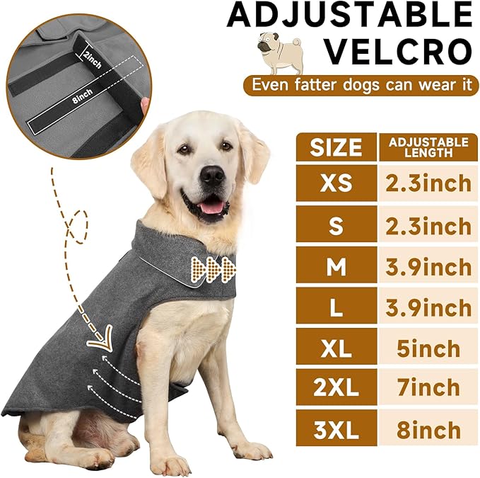 Fleece Dog Coat Reflective Cold Weather Dog Jacket Apparel for Extra Large to Small Pets(Grey,3XL)