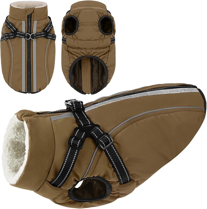 Dog Winter Coat with Harness Built in Warm Puffer Dog Jackets for Small Medium Large Dogs Windproof Waterproof Outfit with Plush Lining and Reflective Stripes (Brown, XS)