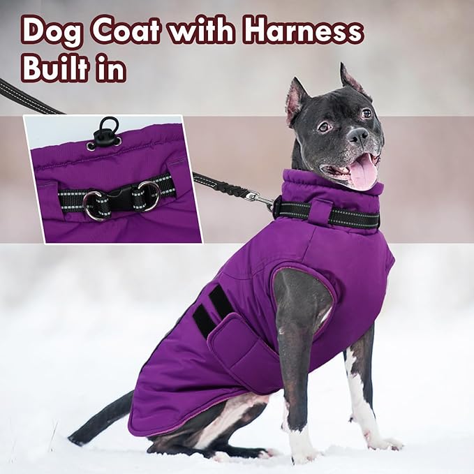 Large Dog Jacket, Waterproof Winter Coat with Harness Built in, Reflective Adjustable Hook&Loop Dog Snowsuit Cold Weather, Warm Snow Coat for Dogs French Bulldog, L Purple