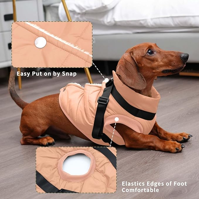 Dog Jacket with Harness,Fleece Lined Warm Puppy Coat for Winter,Soft Windproof Medium Dog Vest,LightOrange L