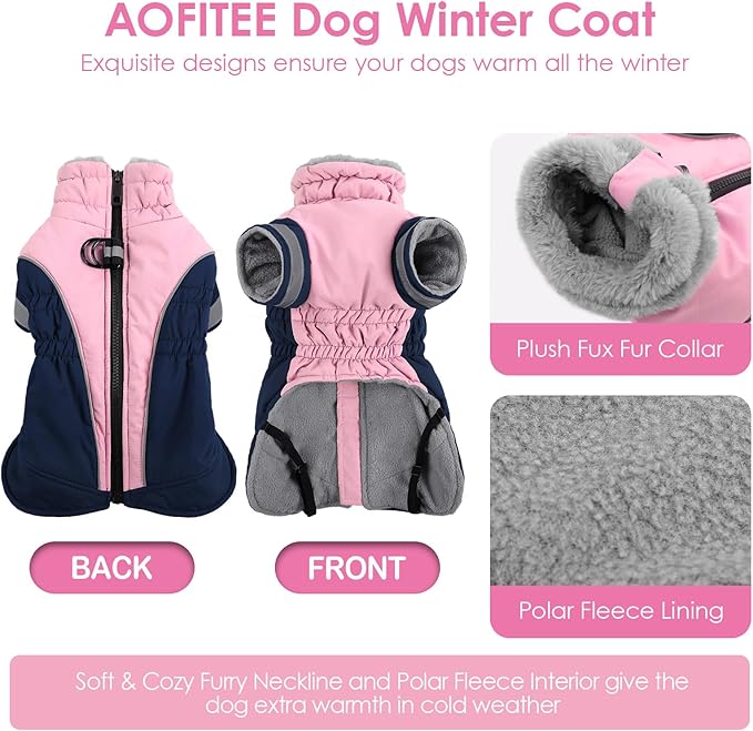 AOFITEE Dog Coat- Two Legged Large Dog Winter Jacket - Zipper Dogs Cold Weather Coat with Harness, Warm Pet Puffer Jackets Reflective Pet Snow Coats for French Bulldog, Boston Terrier, PinkNavy L