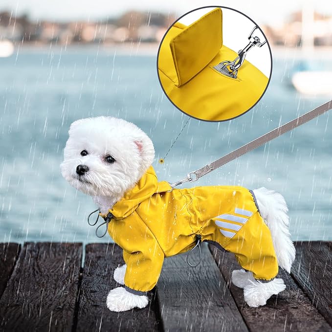 Dog Raincoat, Waterproof Dog Rain Jacket with Hood, Rain Coat with Leash Hole, Reflective Strap for Small Medium Dogs, Lightweight Puppy Clothes(Yellow,XS)