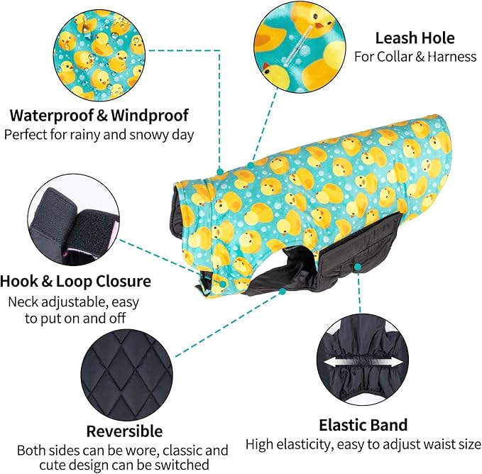 CuteBone Winter Dog Jacket - Waterproof, Windproof, Reversible, Thick Soft Coat with Leash Hole for Small to Large Dogs